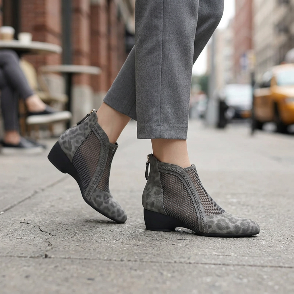 Thalira | Women's Mesh Panel Leopard Print Block Heel Ankle Boot