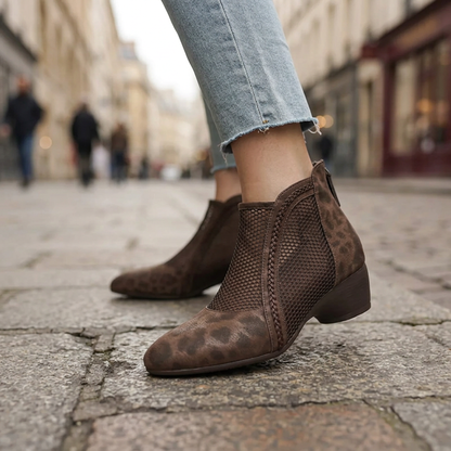 Thalira | Women's Mesh Panel Leopard Print Block Heel Ankle Boot