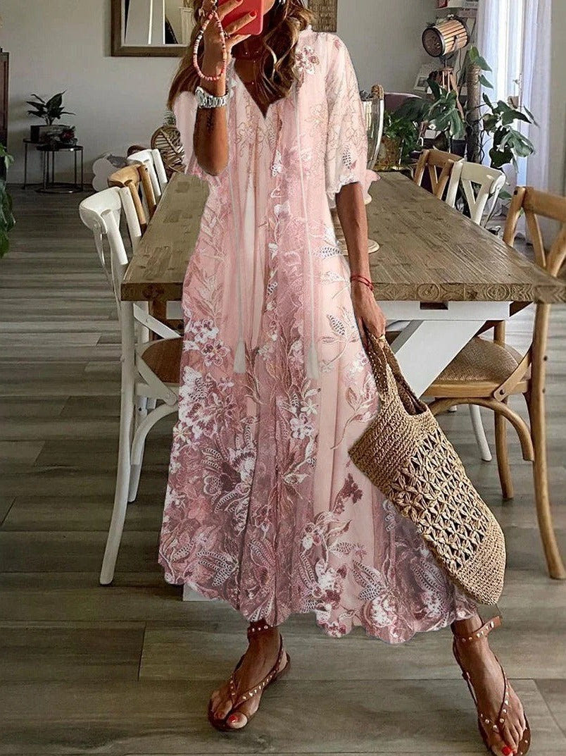 Seraphina | Women's Floral V-Neck Short Sleeve Casual Summer Maxi Dress