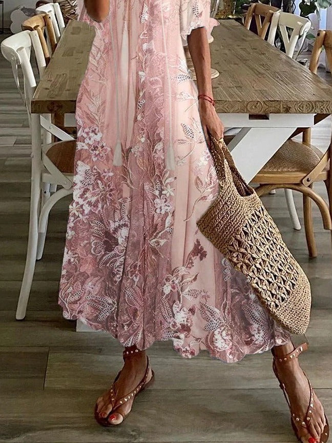 Seraphina | Women's Floral V-Neck Short Sleeve Casual Summer Maxi Dress