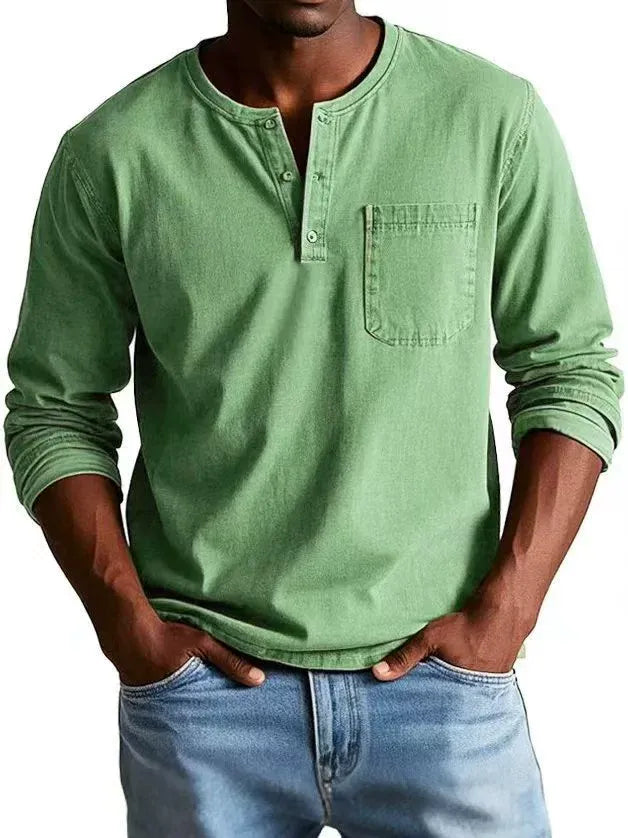 Kellan | Men's Vintage Washed Henley Long Sleeve Chest Pocket Shirt