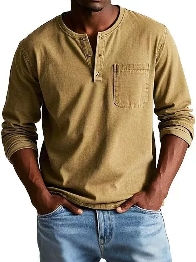 Kellan | Men's Vintage Washed Henley Long Sleeve Chest Pocket Shirt