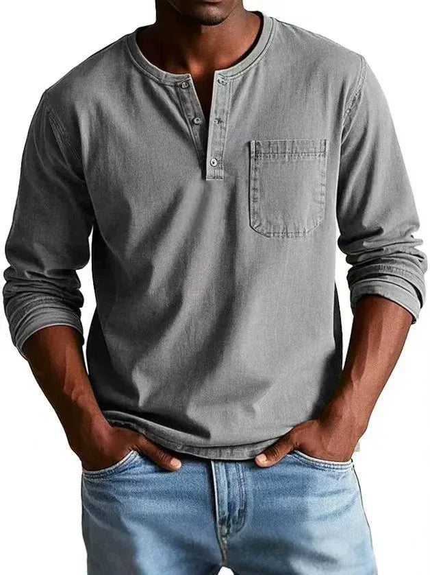 Kellan | Men's Vintage Washed Henley Long Sleeve Chest Pocket Shirt