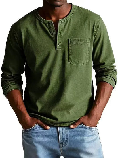 Kellan | Men's Vintage Washed Henley Long Sleeve Chest Pocket Shirt