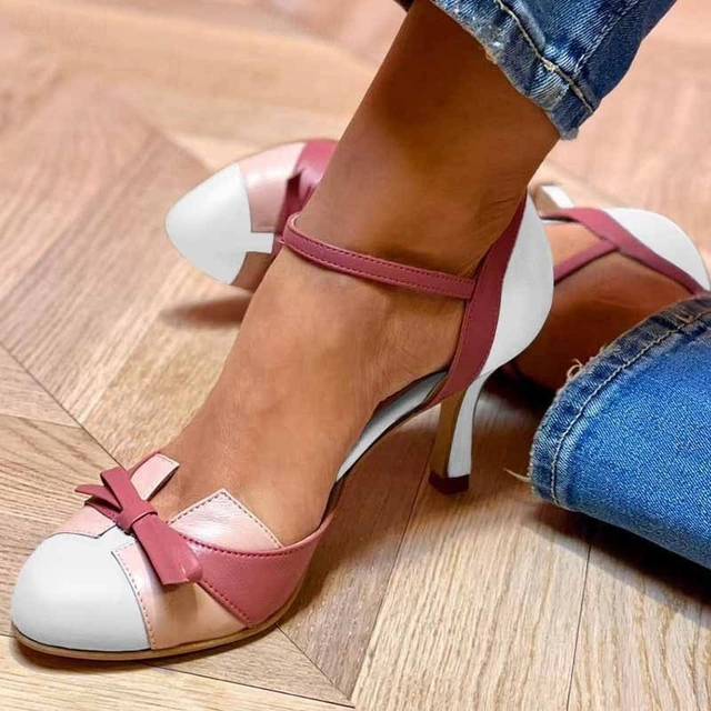 Donna | Elegant Heeled Sandals Bow Detail Ankle Strap Two Tone
