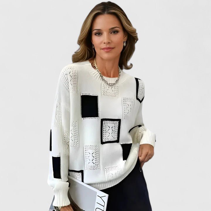 Ingrid | Women's Knitted Openwork Geometric Round Neck Long Sleeve Sweater