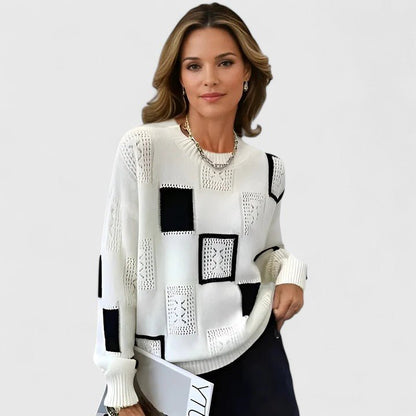 Ingrid | Women's Knitted Openwork Geometric Round Neck Long Sleeve Sweater