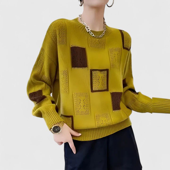 Ingrid | Women's Knitted Openwork Geometric Round Neck Long Sleeve Sweater
