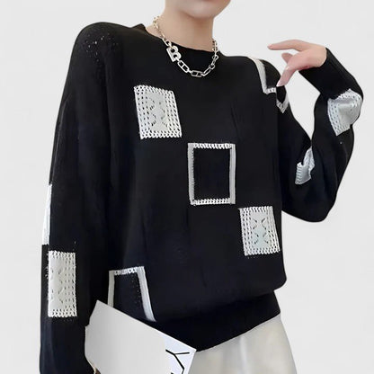Ingrid | Women's Knitted Openwork Geometric Round Neck Long Sleeve Sweater
