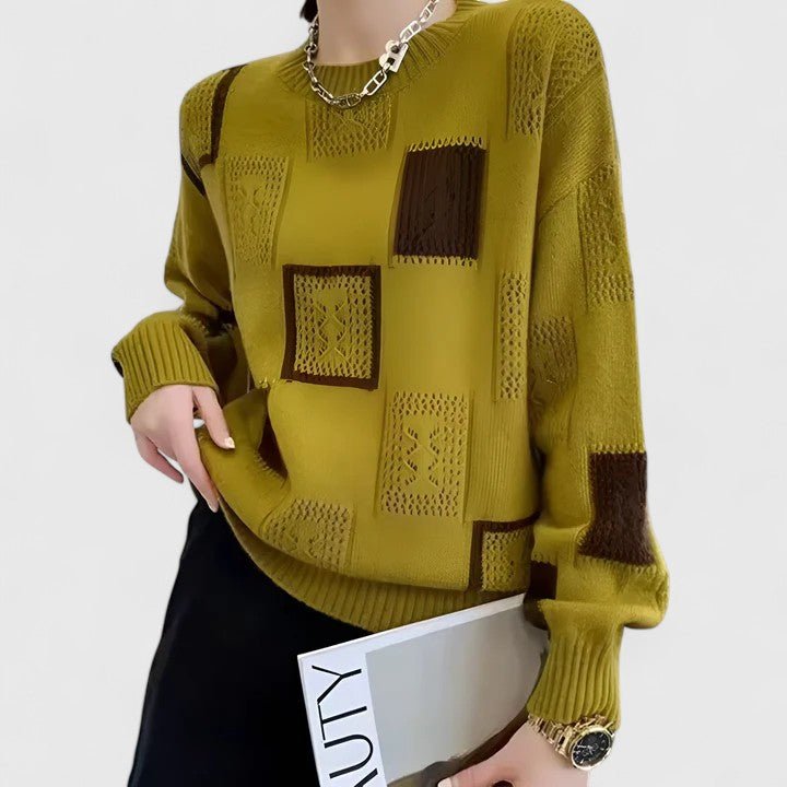 Ingrid | Women's Knitted Openwork Geometric Round Neck Long Sleeve Sweater