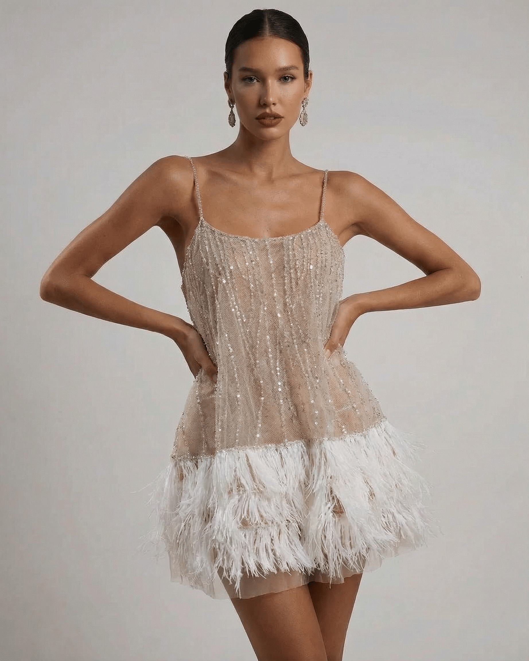 Celeste | Women's Sequin Spaghetti Strap Feather Trim Evening Mini Dress