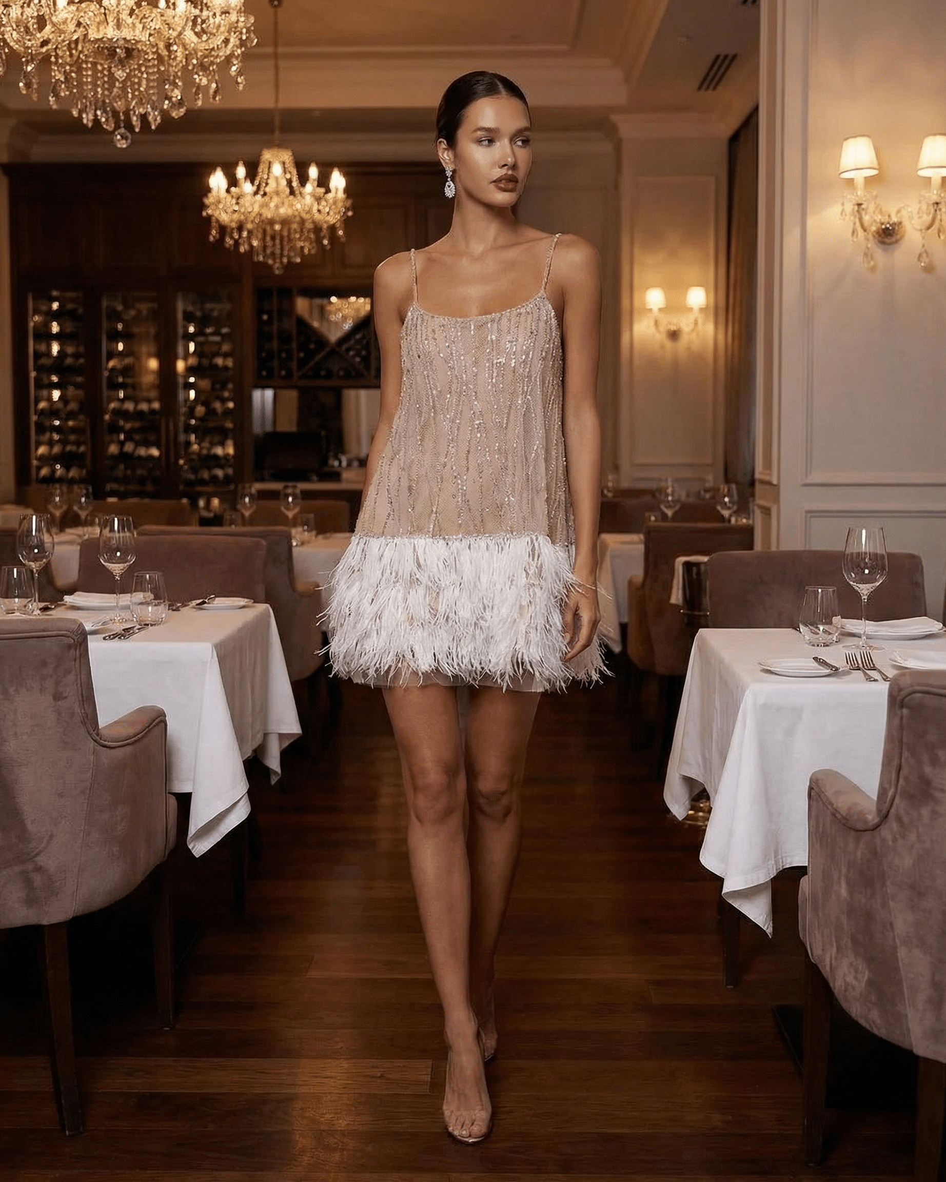 Celeste | Women's Sequin Spaghetti Strap Feather Trim Evening Mini Dress