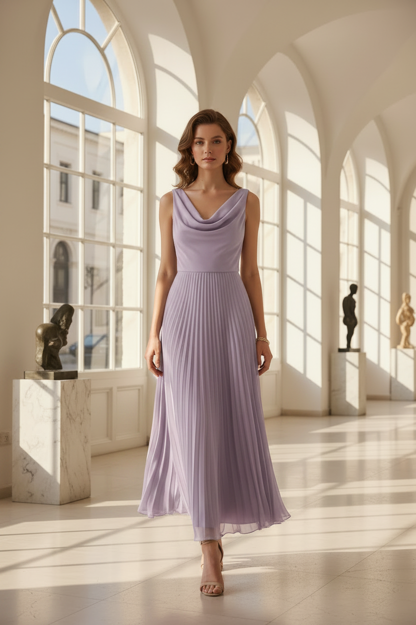 Noir | Draped Cowl Neck Sleeveless Pleated Chiffon Elegant Wedding Guest Dress