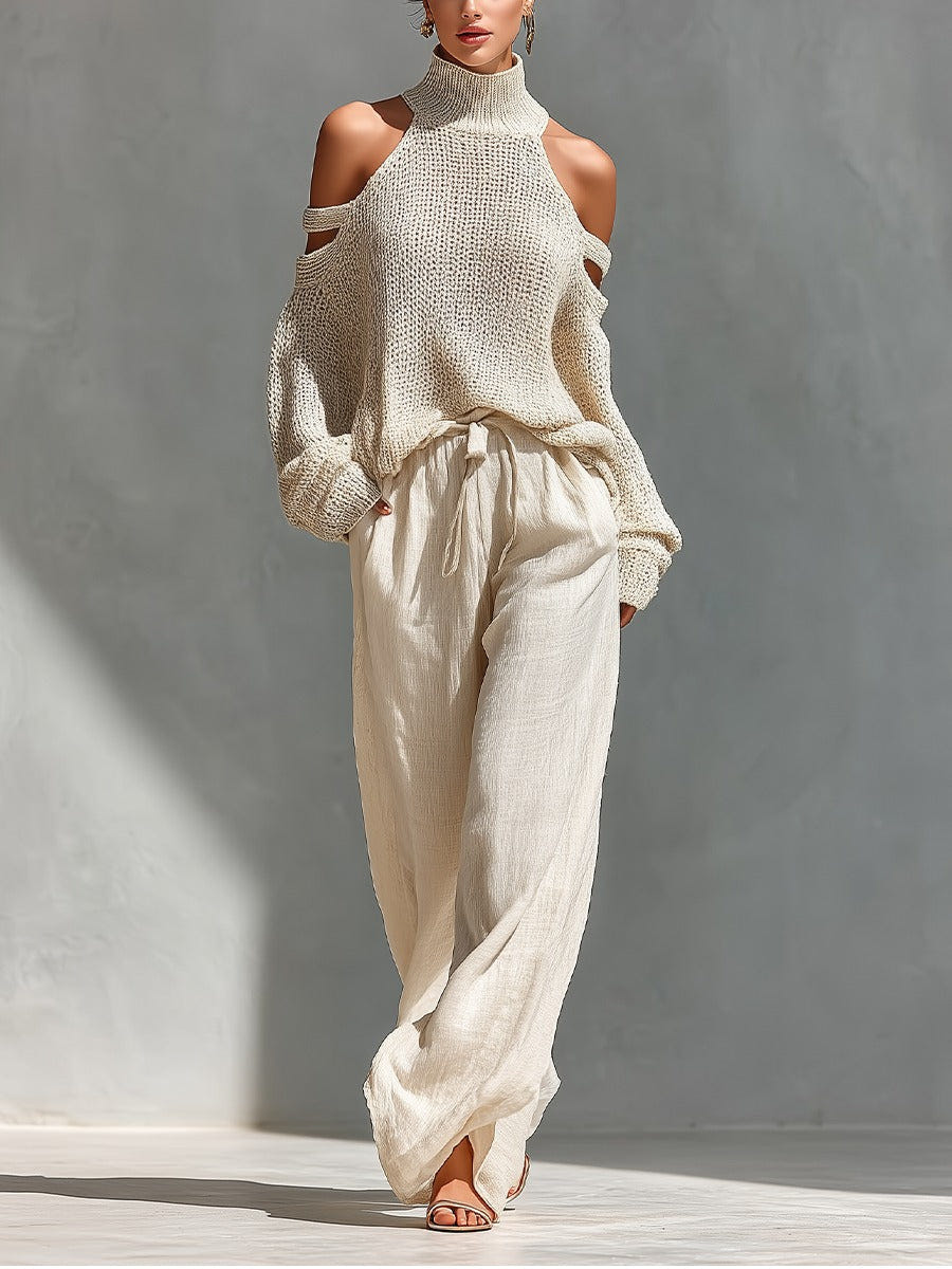 Magnolia | Cold Shoulder Mock Neck Knit Sweater Wide Leg Two Piece Set