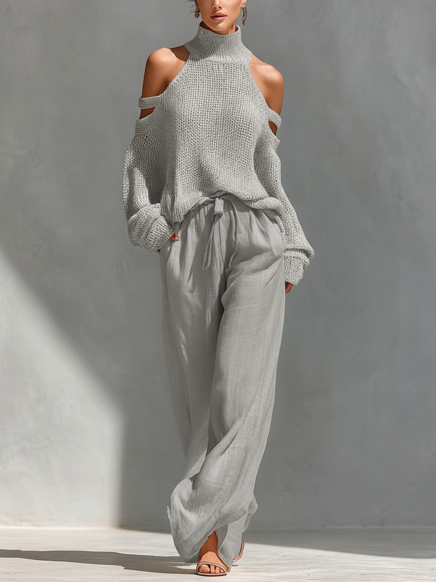 Magnolia | Cold Shoulder Mock Neck Knit Sweater Wide Leg Two Piece Set