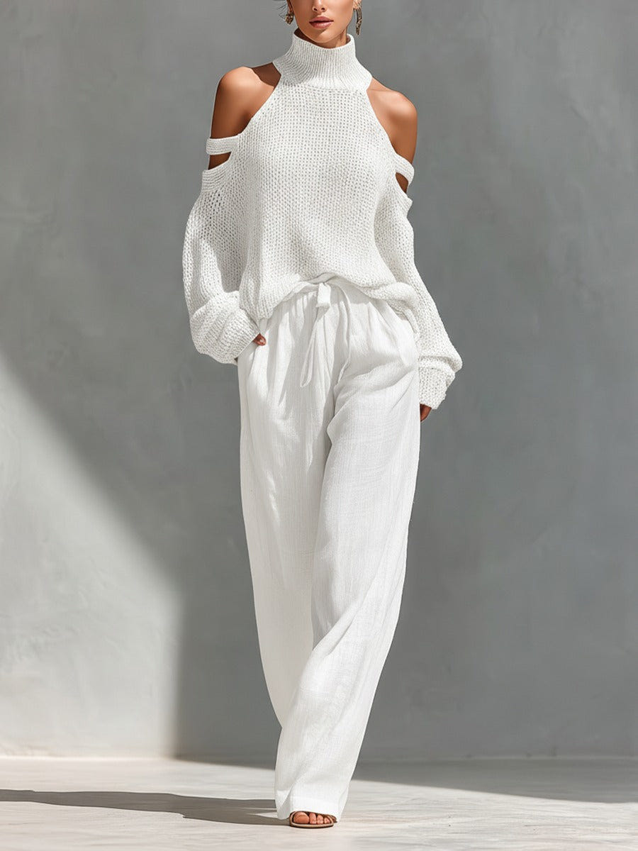 Magnolia | Cold Shoulder Mock Neck Knit Sweater Wide Leg Two Piece Set