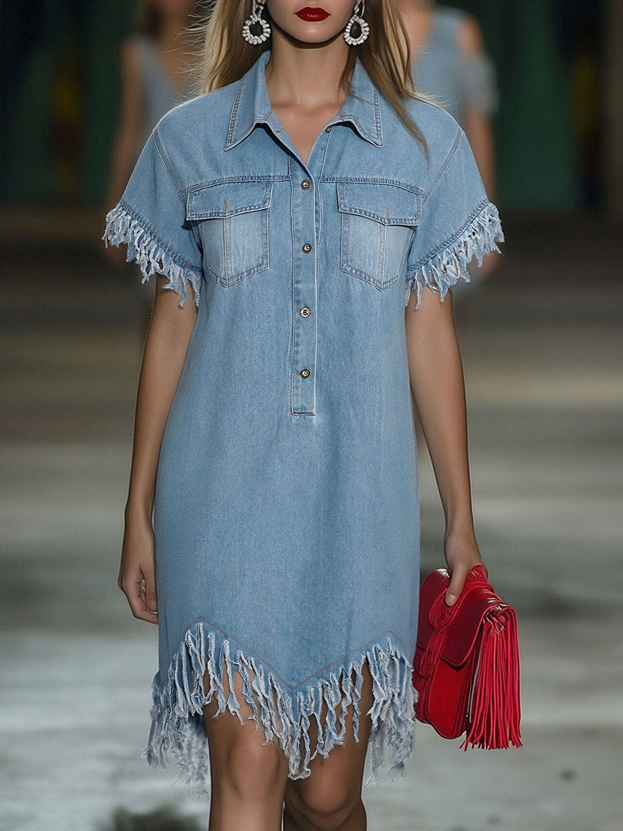 Marisol | Denim Shirt Collar Button Front Short Sleeve Raw Fringe Trim Mini Dress