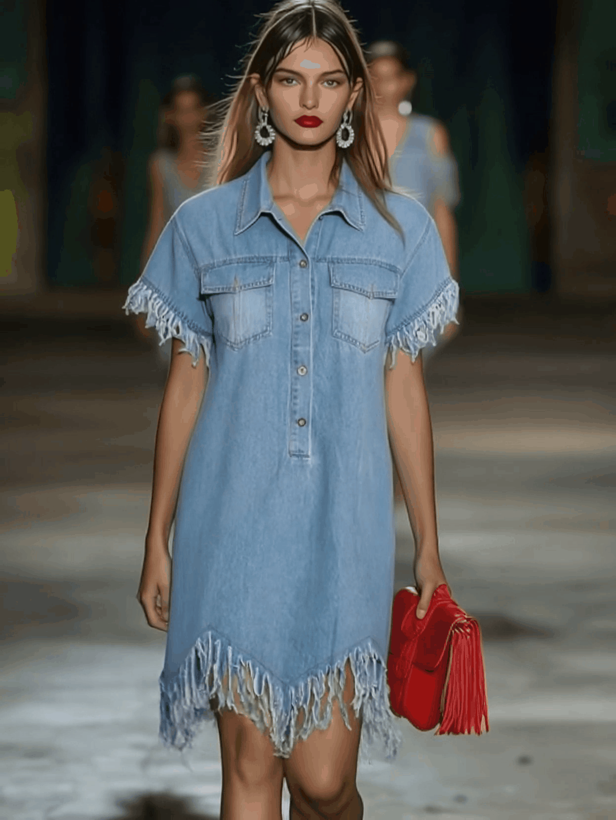 Marisol | Denim Shirt Collar Button Front Short Sleeve Raw Fringe Trim Mini Dress