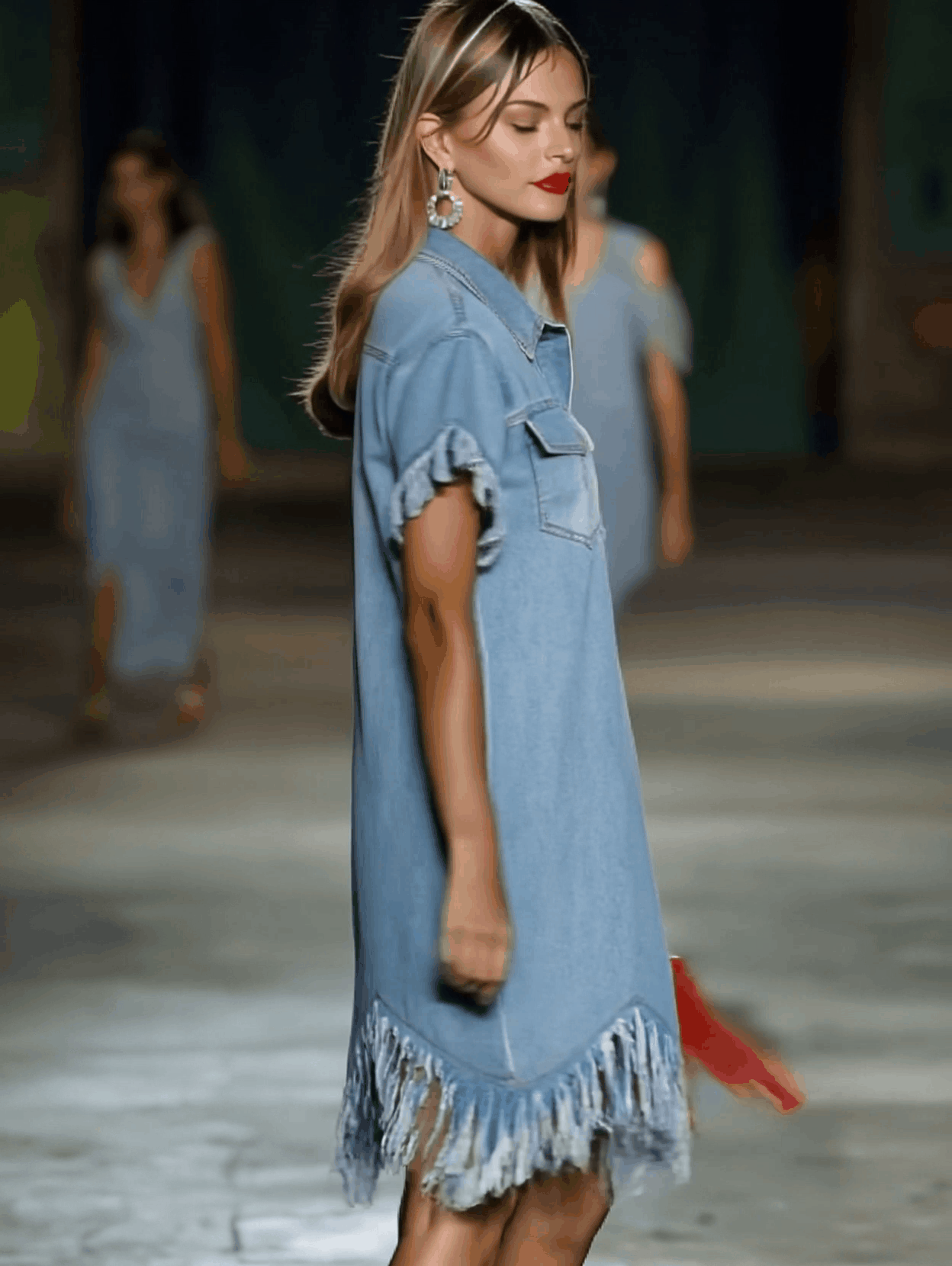 Marisol | Denim Shirt Collar Button Front Short Sleeve Raw Fringe Trim Mini Dress