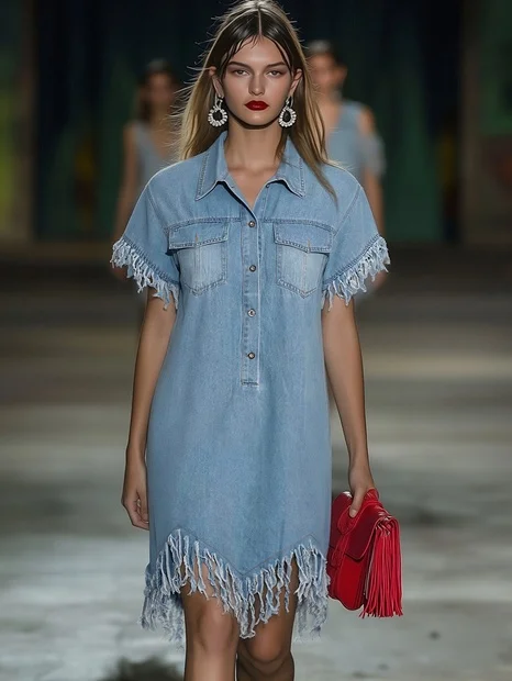 Marisol | Denim Shirt Collar Button Front Short Sleeve Raw Fringe Trim Mini Dress