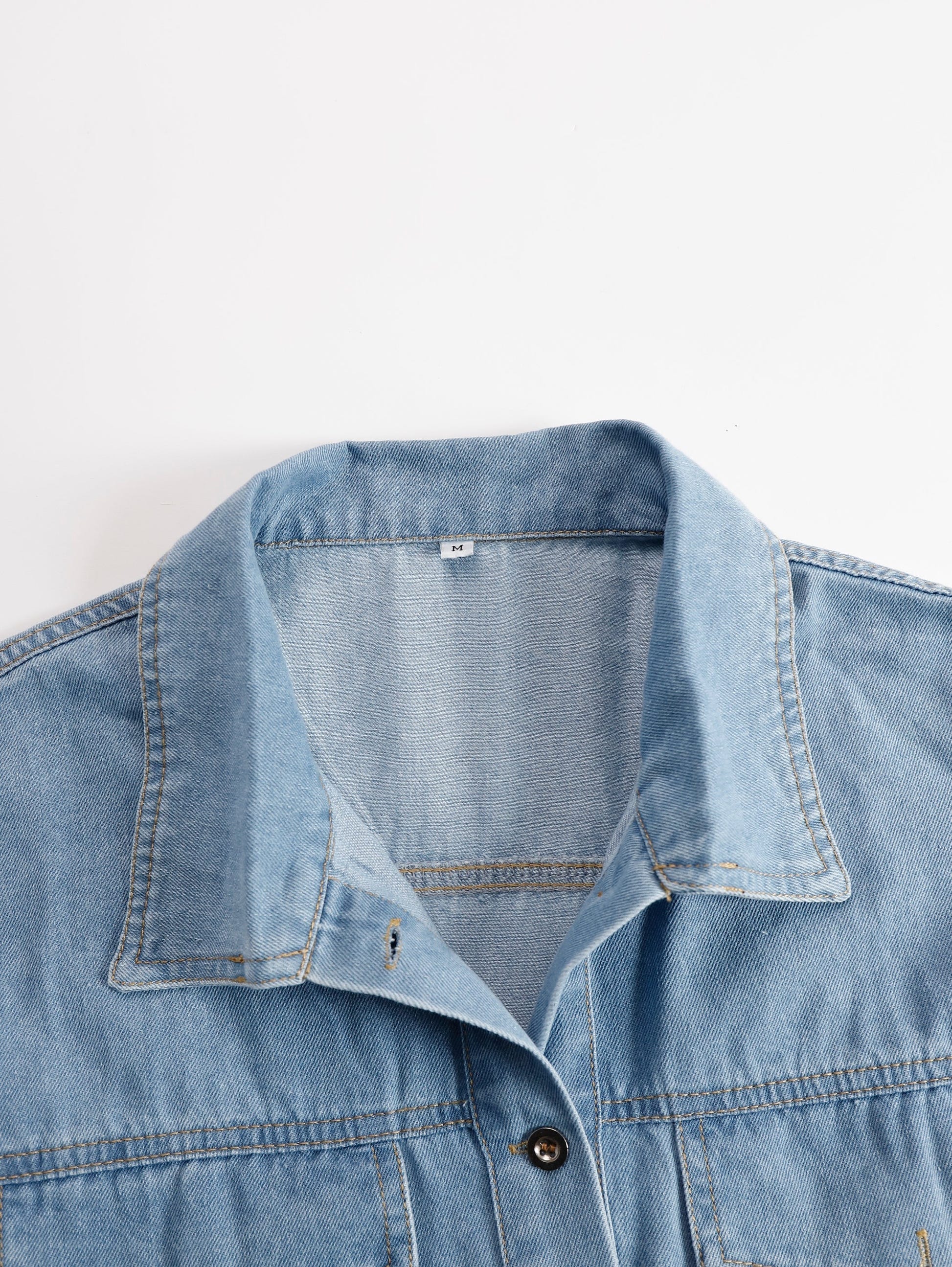 Marisol | Denim Shirt Collar Button Front Short Sleeve Raw Fringe Trim Mini Dress