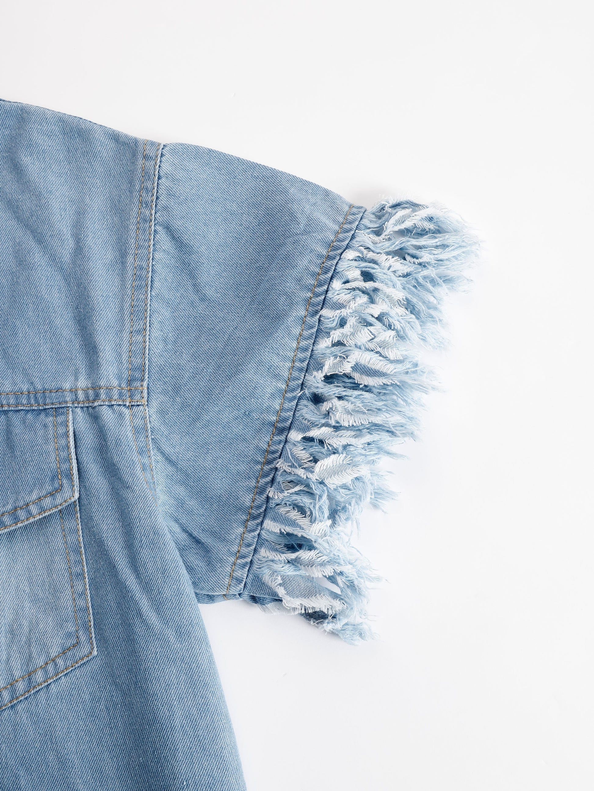 Marisol | Denim Shirt Collar Button Front Short Sleeve Raw Fringe Trim Mini Dress