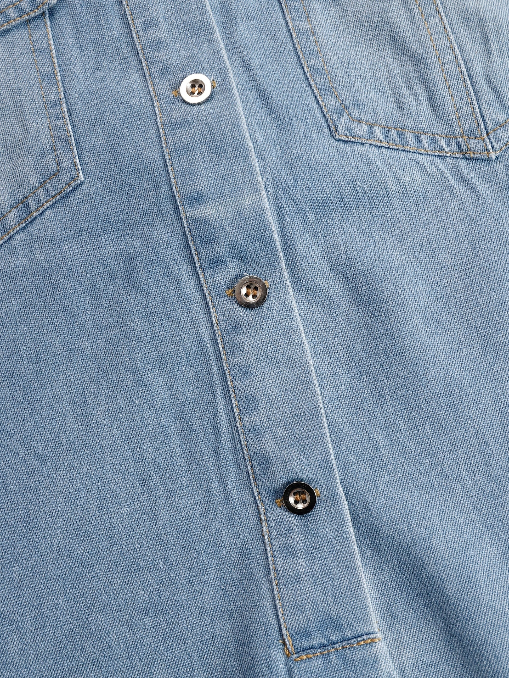 Marisol | Denim Shirt Collar Button Front Short Sleeve Raw Fringe Trim Mini Dress