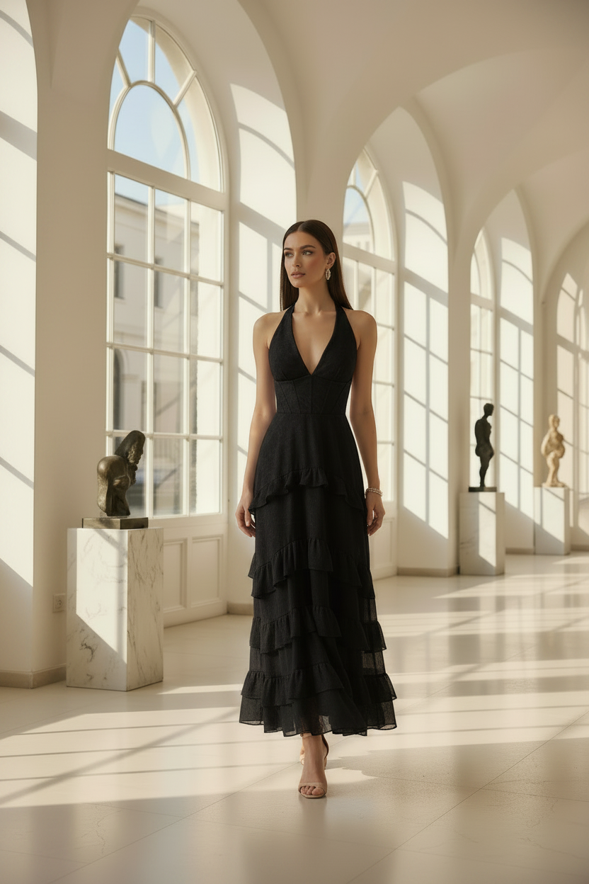 Mimi | Cascading Ruffle Halter Maxi Summer Wedding Guest Dress