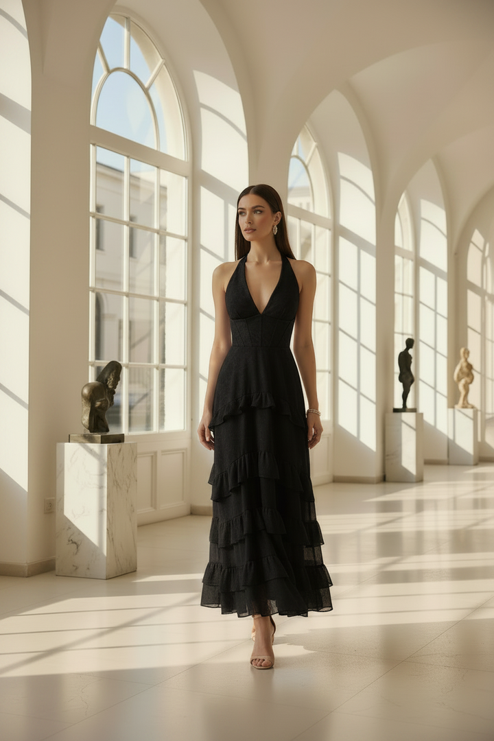 Mimi | Cascading Ruffle Halter Maxi Summer Wedding Guest Dress
