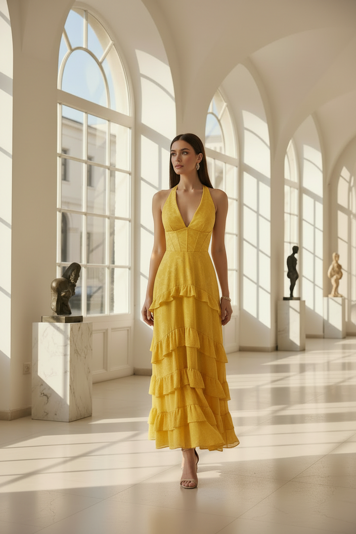 Mimi | Cascading Ruffle Halter Maxi Summer Wedding Guest Dress