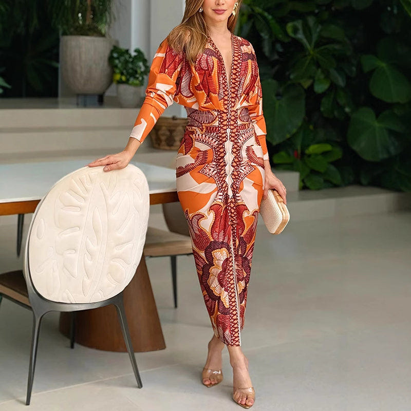 Narcissa | Botanical Print Deep V Neck Long Sleeve Bodycon Midi Dress