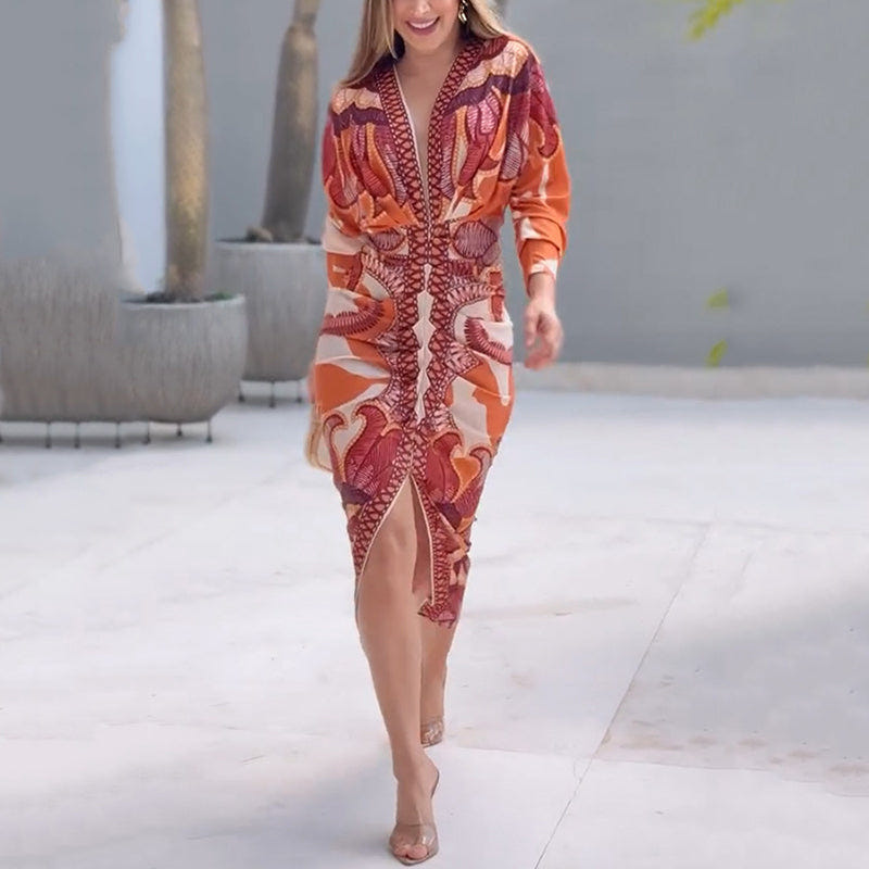 Narcissa | Botanical Print Deep V Neck Long Sleeve Bodycon Midi Dress