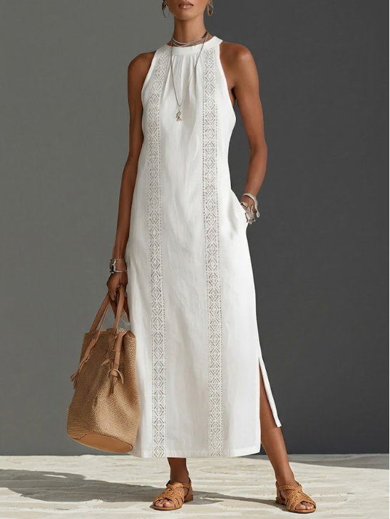 Octaviana | Halter Neck Sleeveless Lace Trim Panel Side Slit Casual Midi Dress