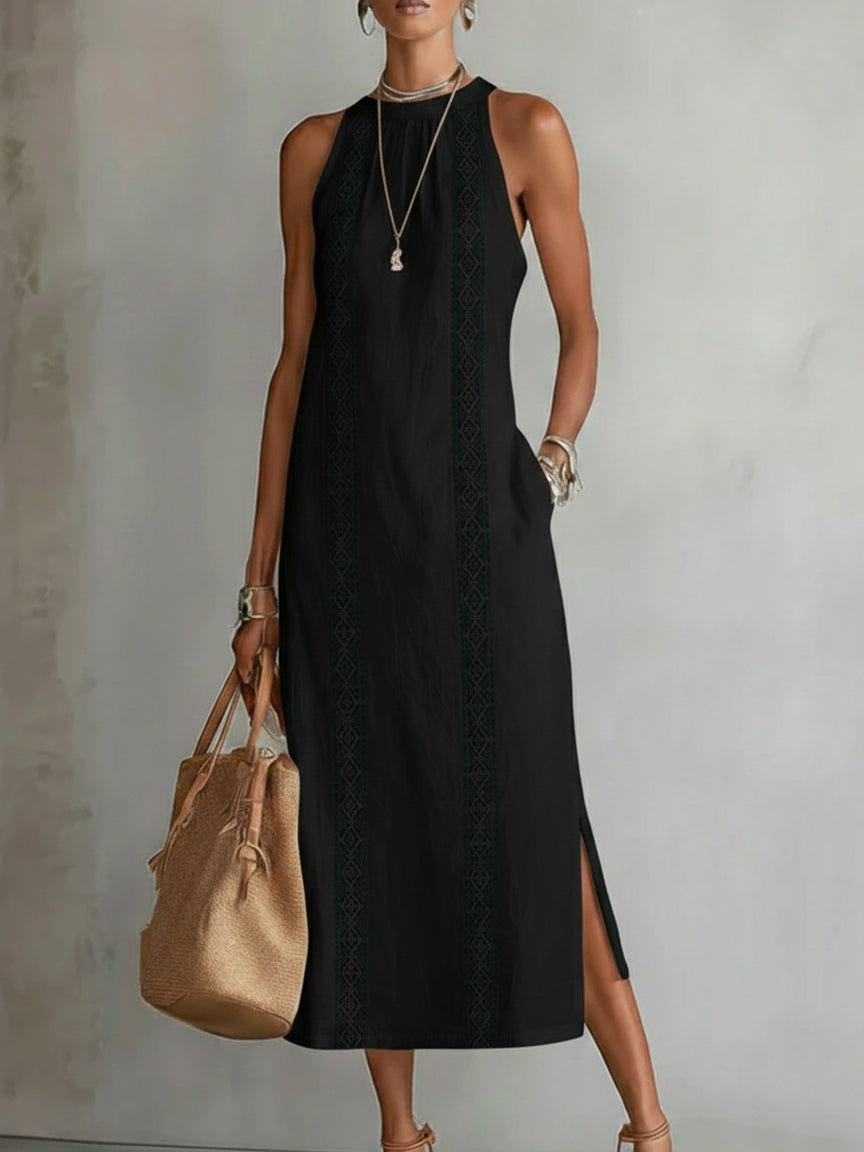 Octaviana | Halter Neck Sleeveless Lace Trim Panel Side Slit Casual Midi Dress