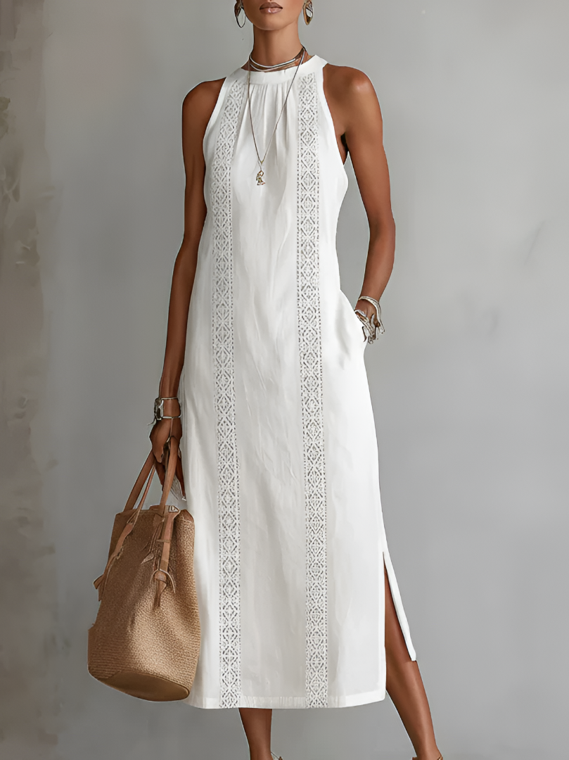 Octaviana | Halter Neck Sleeveless Lace Trim Panel Side Slit Casual Midi Dress