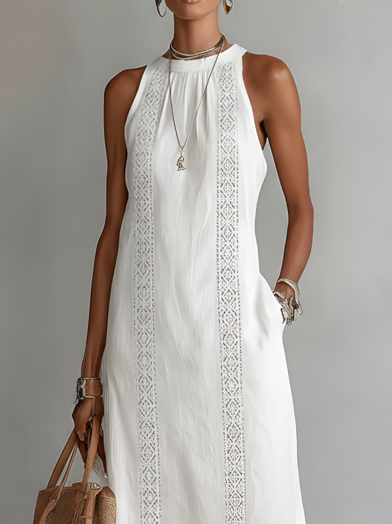 Octaviana | Halter Neck Sleeveless Lace Trim Panel Side Slit Casual Midi Dress