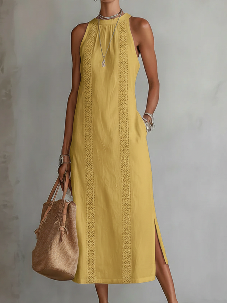 Octaviana | Halter Neck Sleeveless Lace Trim Panel Side Slit Casual Midi Dress