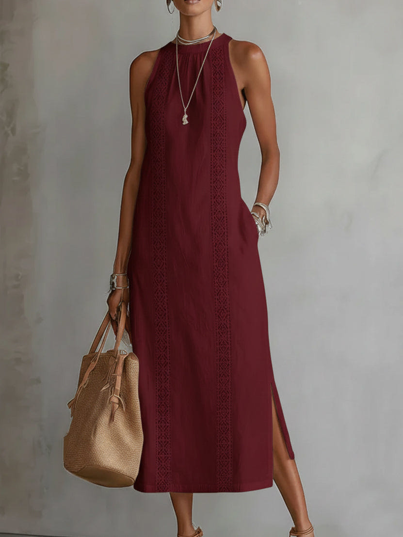 Octaviana | Halter Neck Sleeveless Lace Trim Panel Side Slit Casual Midi Dress