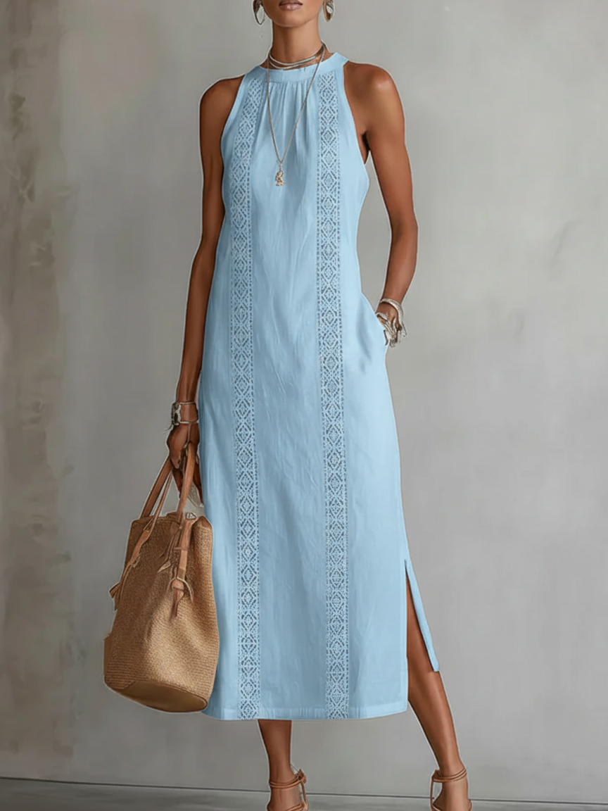 Octaviana | Halter Neck Sleeveless Lace Trim Panel Side Slit Casual Midi Dress