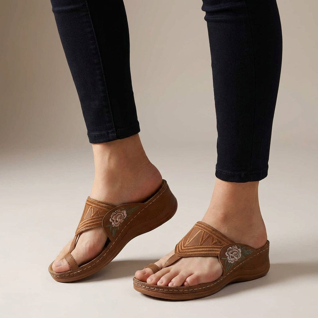 Freya | Wedge Sandals Orthopedic Thong Floral Embroidered