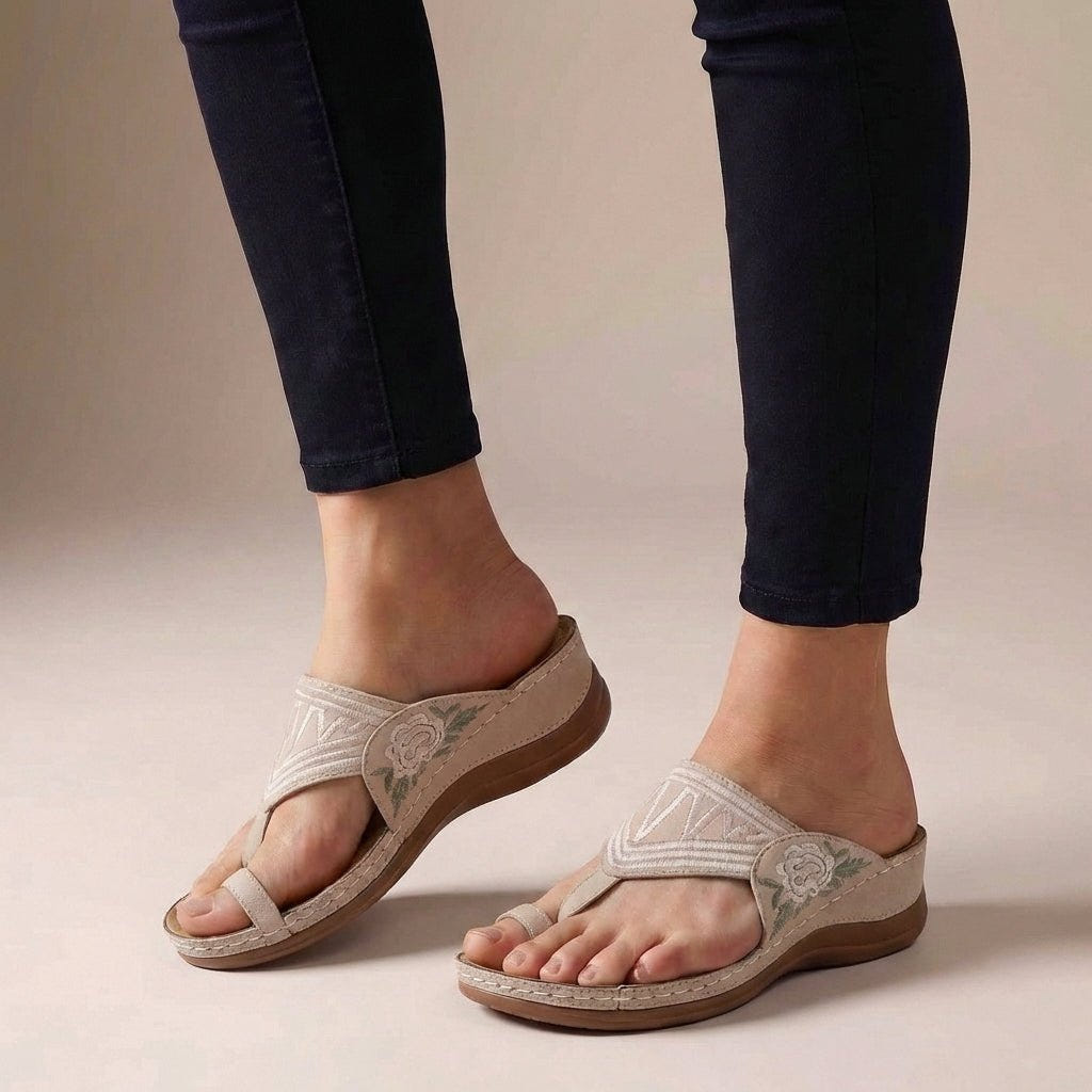 Freya | Wedge Sandals Orthopedic Thong Floral Embroidered