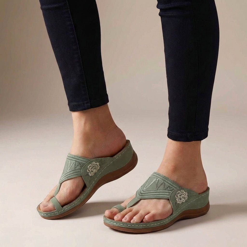 Freya | Wedge Sandals Orthopedic Thong Floral Embroidered