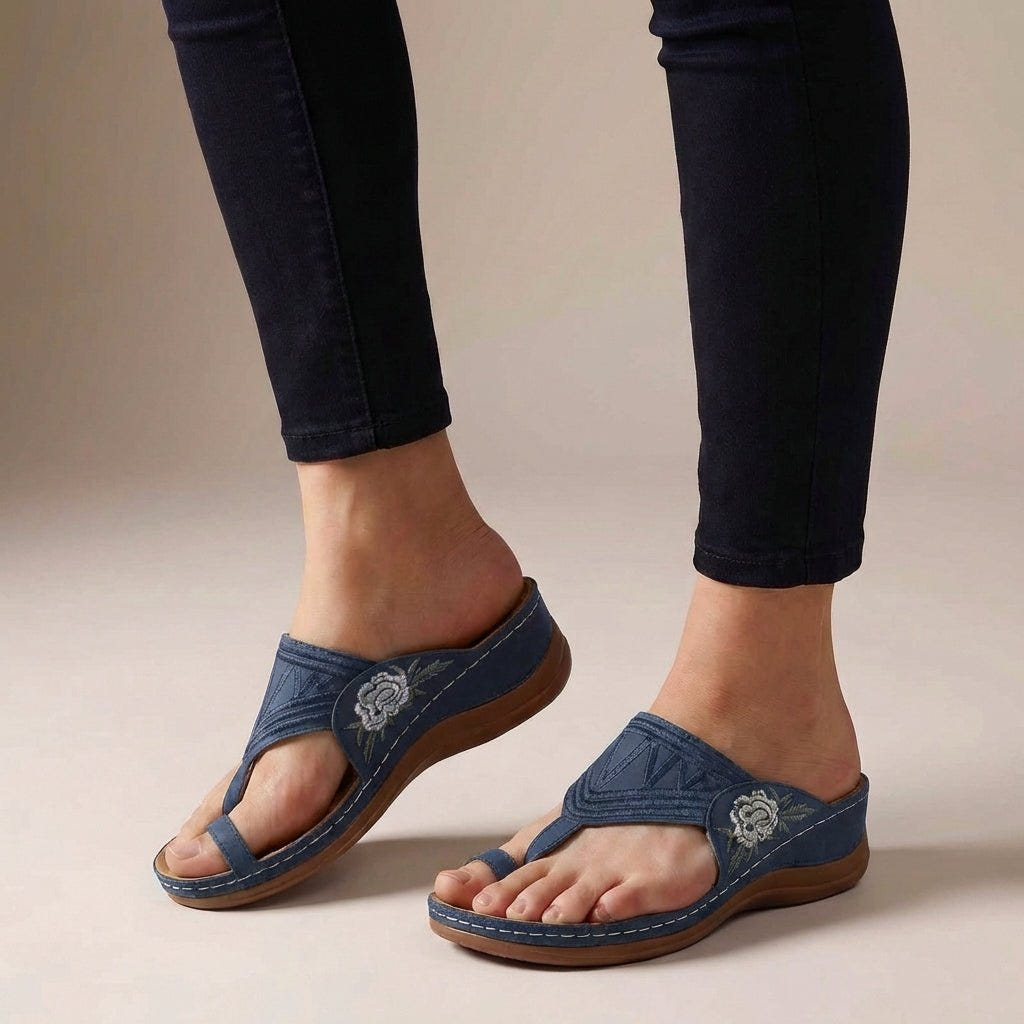 Freya | Wedge Sandals Orthopedic Thong Floral Embroidered