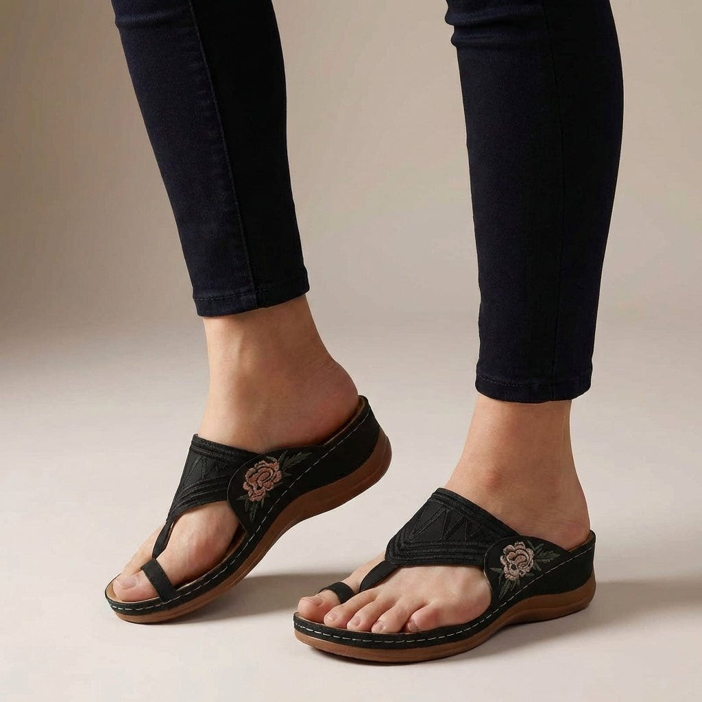 Freya | Wedge Sandals Orthopedic Thong Floral Embroidered