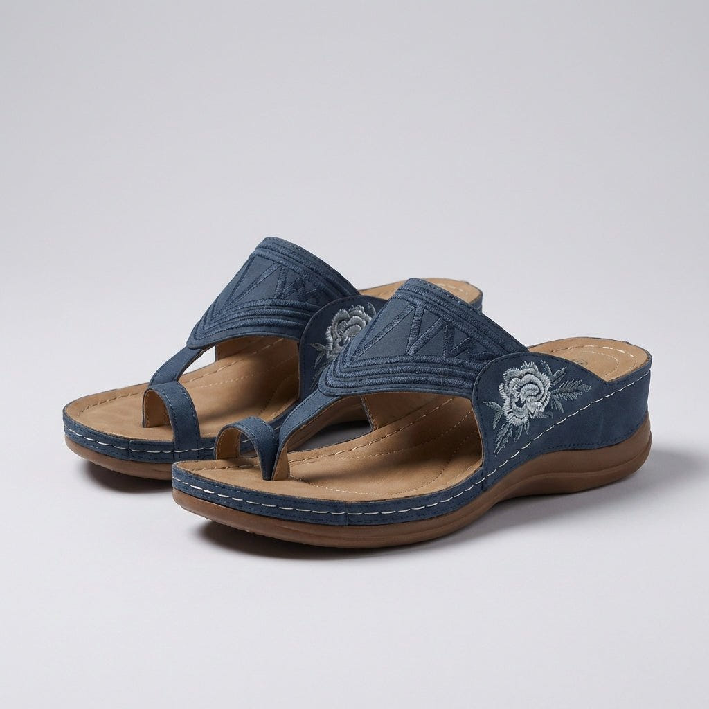 Freya | Wedge Sandals Orthopedic Thong Floral Embroidered