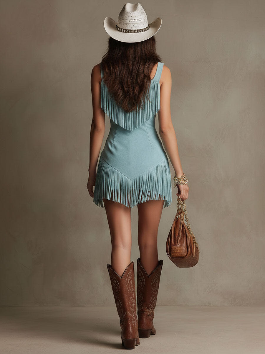 Paloma | Deep V Neck Zip Front Fringe Hem Sleeveless Mini Dress