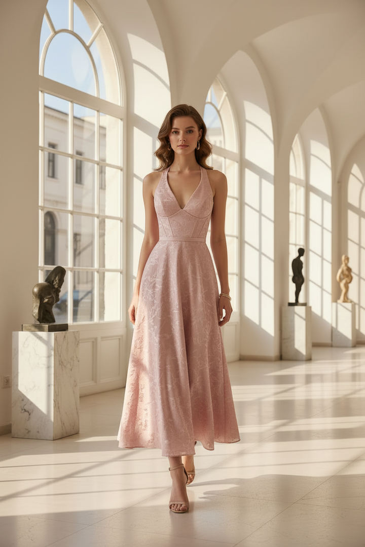 Hailey | Deep V Halter Neck Corset Bodice Jacquard A-Line Midi Wedding Guest Dress
