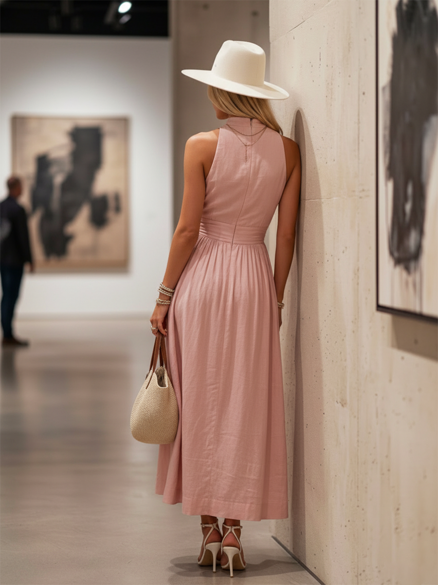 Ravenna | Deep V Halter Neck Ruched Waist A Line Elegant Maxi Dress