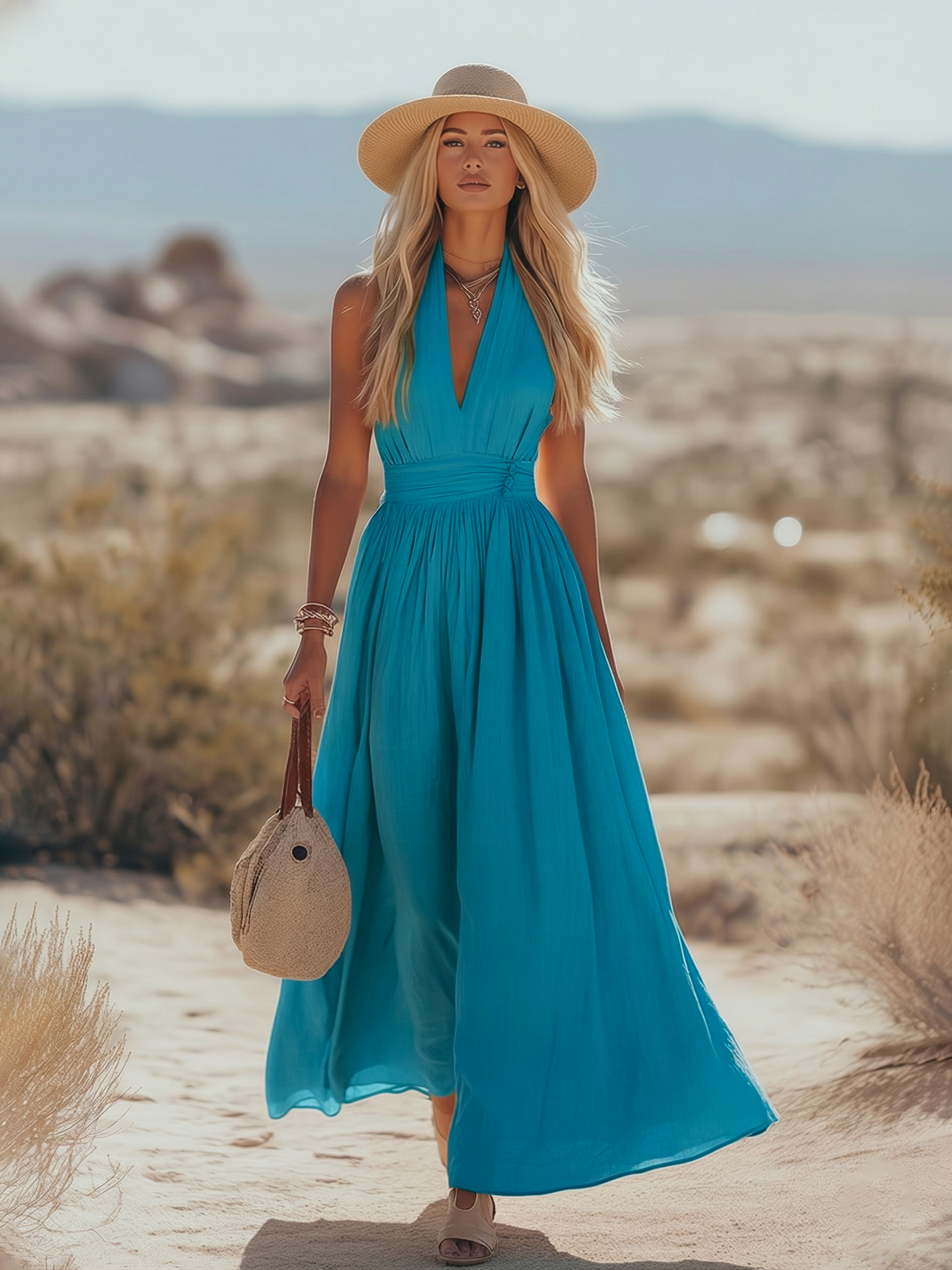 Ravenna | Deep V Halter Neck Ruched Waist A Line Elegant Maxi Dress