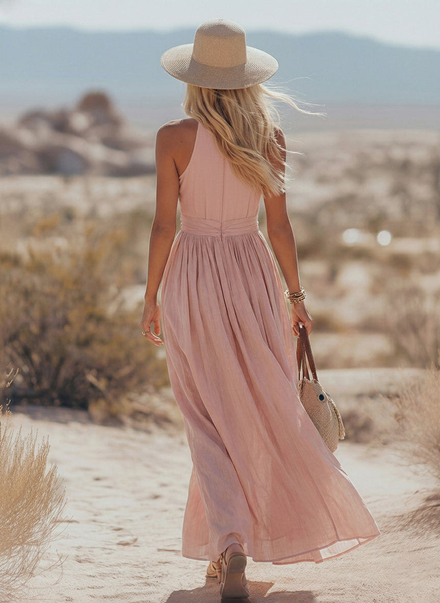 Ravenna | Deep V Halter Neck Ruched Waist A Line Elegant Maxi Dress